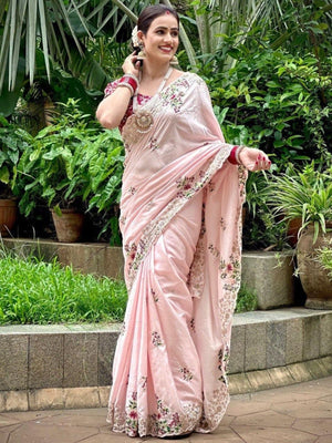 Rajwada Light Pink Silk Embroidered Saree For Women
