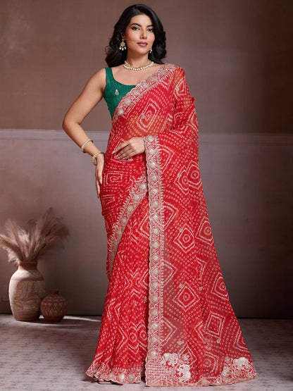 Rajwada Red Georgette Cut Work Saree For Women