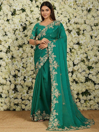 Rajwada Teal Blue Chiffon Sequence And Cut Work Saree For Women