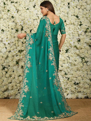 Rajwada Teal Blue Chiffon Sequence And Cut Work Saree For Women