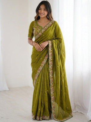 Rajwada Olive Green Satin Cut Work Saree For Women