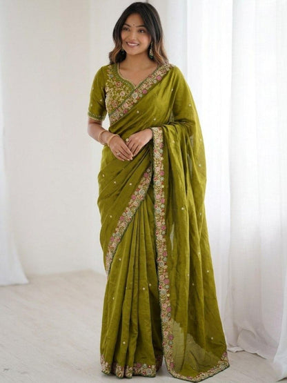 Rajwada Olive Green Satin Cut Work Saree For Women