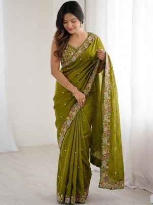 Rajwada Olive Green Satin Cut Work Saree For Women