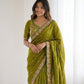 Rajwada Olive Green Satin Cut Work Saree For Women