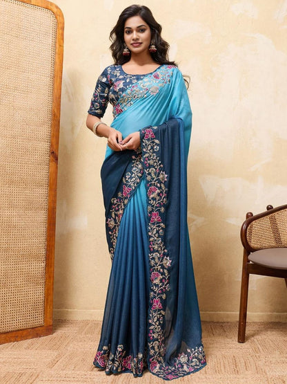 Rajwada Navy Blue Georgette Cut Work Saree For Women