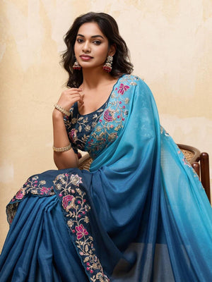 Rajwada Navy Blue Georgette Cut Work Saree For Women