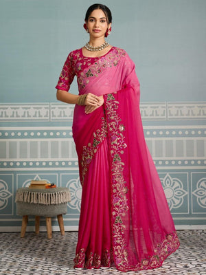 Rajwada Dark Pink Georgette Cut Work Saree For Women