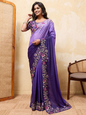 Rajwada Dark Violet Georgette Cut Work Saree For Women