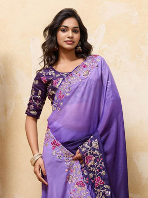 Rajwada Dark Violet Georgette Cut Work Saree For Women