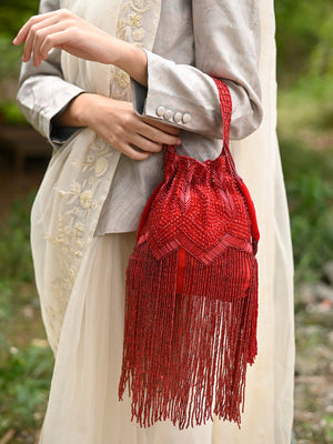 Rajwada Women Red Beaded Potli Bag With Tassels