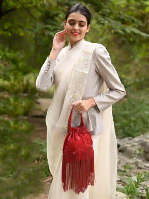 Rajwada Women Red Beaded Potli Bag With Tassels