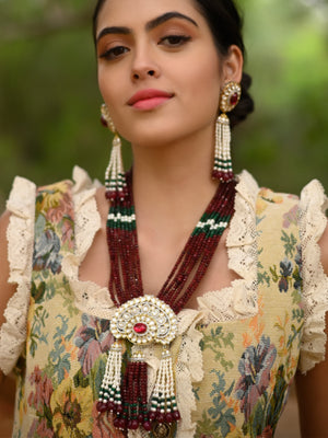 Rajwada Women White And Maroon Long Necklace Set