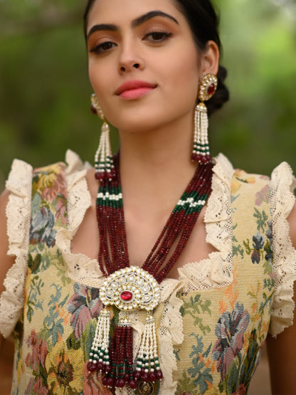 Rajwada Women White And Maroon Long Necklace Set