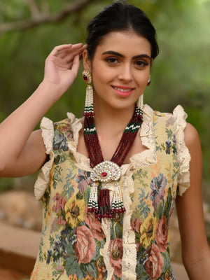 Rajwada Women White And Maroon Long Necklace Set