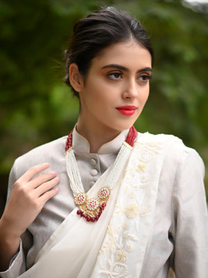 Rajwada Women Gorgeous White And Red Long Necklace Set
