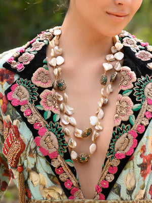 Rajwada Women Apricot And Green Beaded Long Necklace
