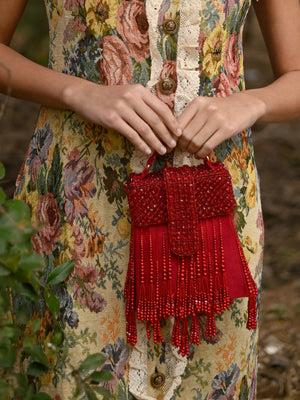 Rajwada Women Red Beaded Clutch Bag With Tassels
