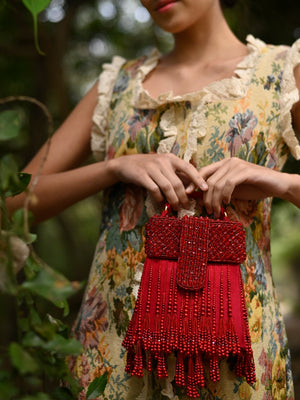 Rajwada Women Red Beaded Clutch Bag With Tassels