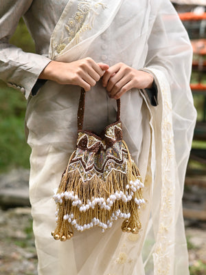 Rajwada Women Brown And Gold Tassel Potli Bag