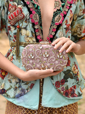 Rajwada Women Lilac Embroidered Velvet Clutch