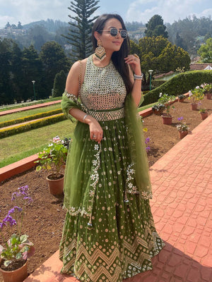 Rajwada Women Stunning Green Semi Stitched Lehenga Stitched Blouse