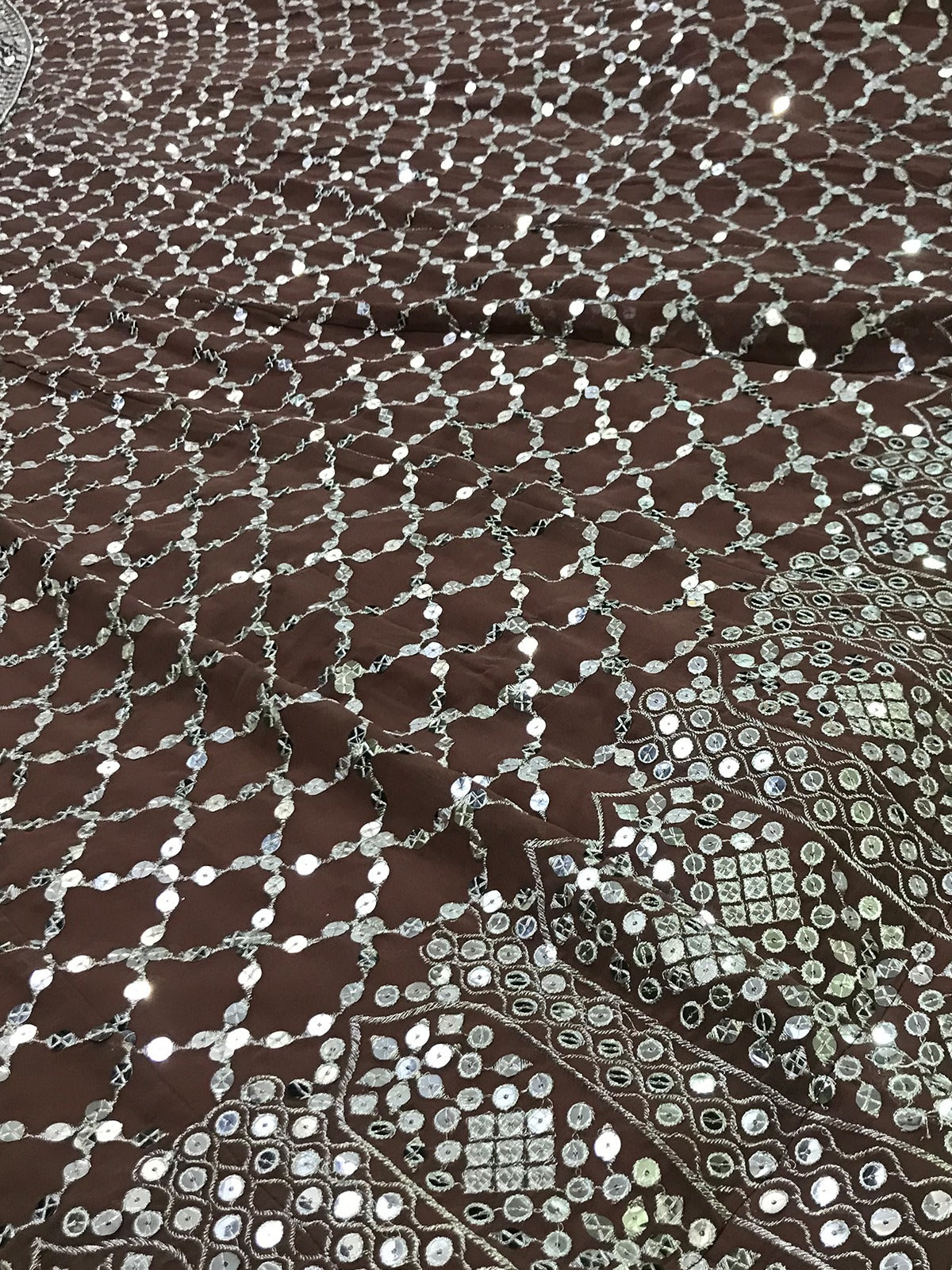 Rajwada - Brown Mirror Work Semi Stitched Lehenga with Unstitched Blouse