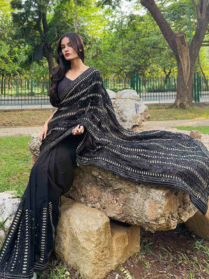 Rajwada Women Black And Gold Georgette Sequin Saree With Blouse Piece