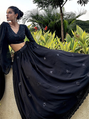 Rajwada Women Designer Black Georgette Semi Stitched Lehenga With Unstitched Blouse