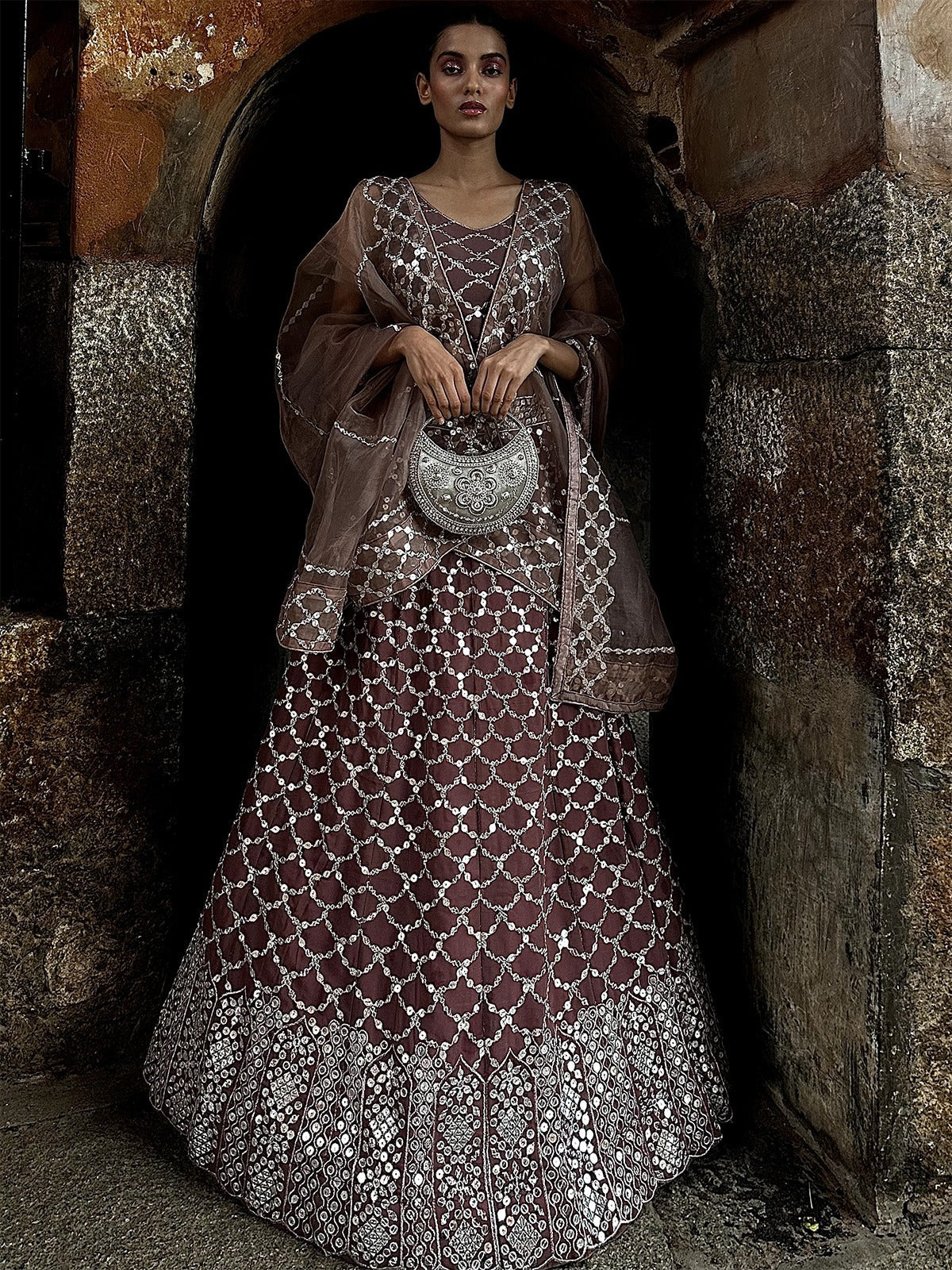 Rajwada - Brown Mirror Work Semi Stitched Lehenga with Unstitched Blouse