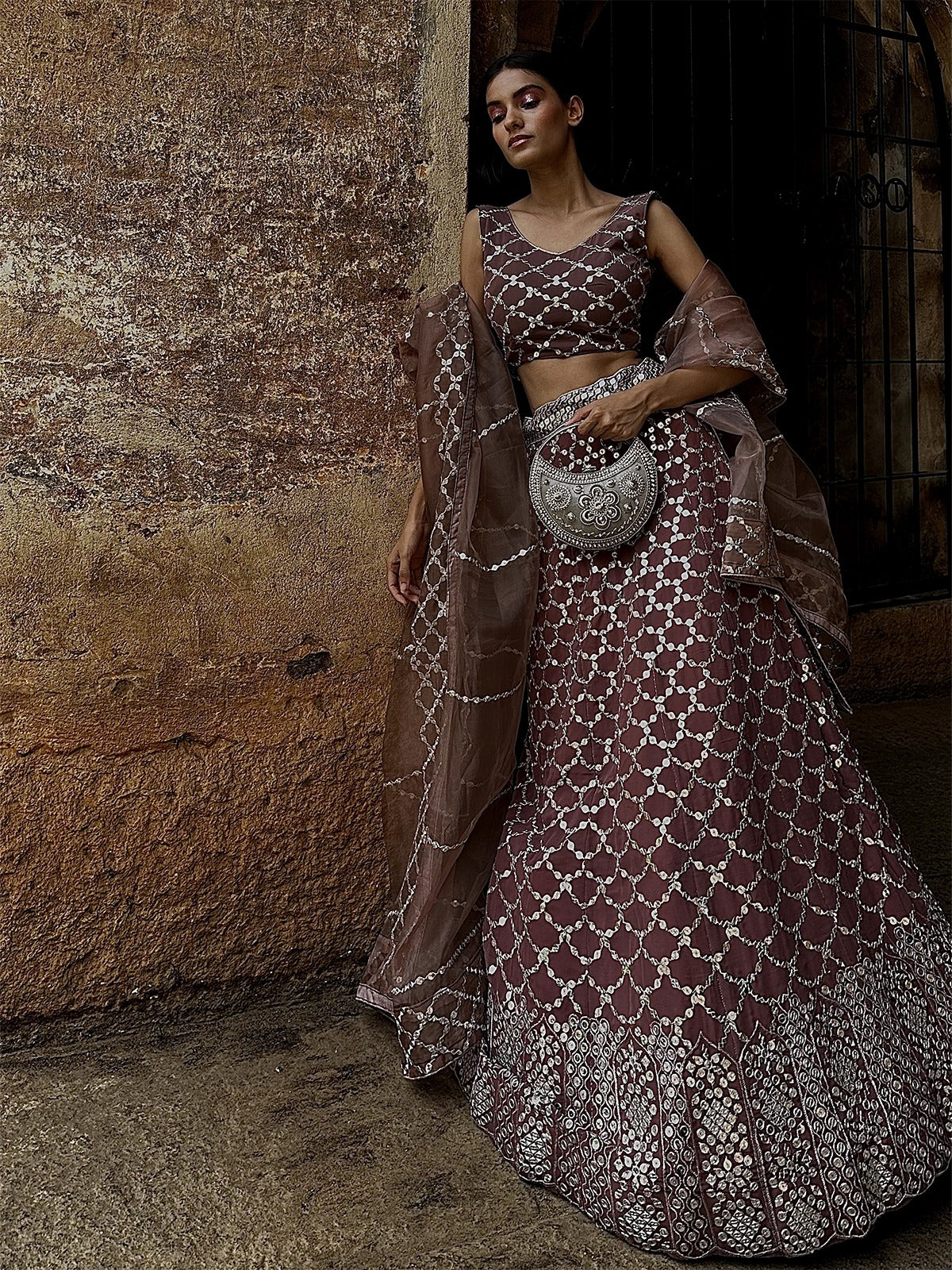 Rajwada - Brown Mirror Work Semi Stitched Lehenga with Unstitched Blouse