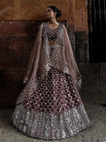 Rajwada - Brown Mirror Work Semi Stitched Lehenga with Unstitched Blouse