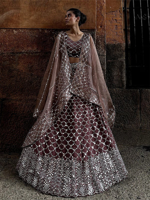 Rajwada - Brown Mirror Work Semi Stitched Lehenga with Unstitched Blouse