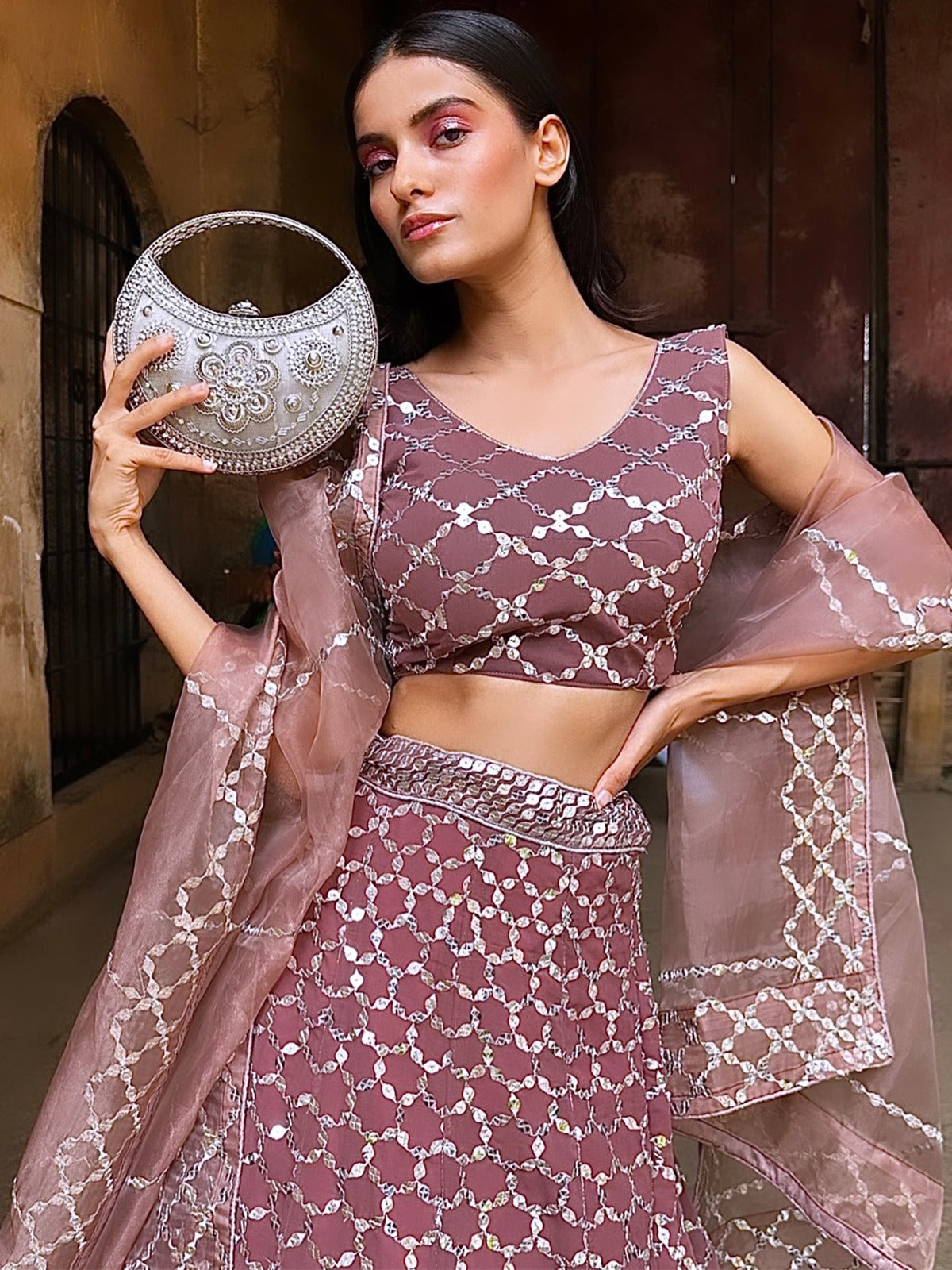 Rajwada - Brown Mirror Work Semi Stitched Lehenga with Unstitched Blouse