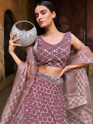 Rajwada - Brown Mirror Work Semi Stitched Lehenga with Unstitched Blouse