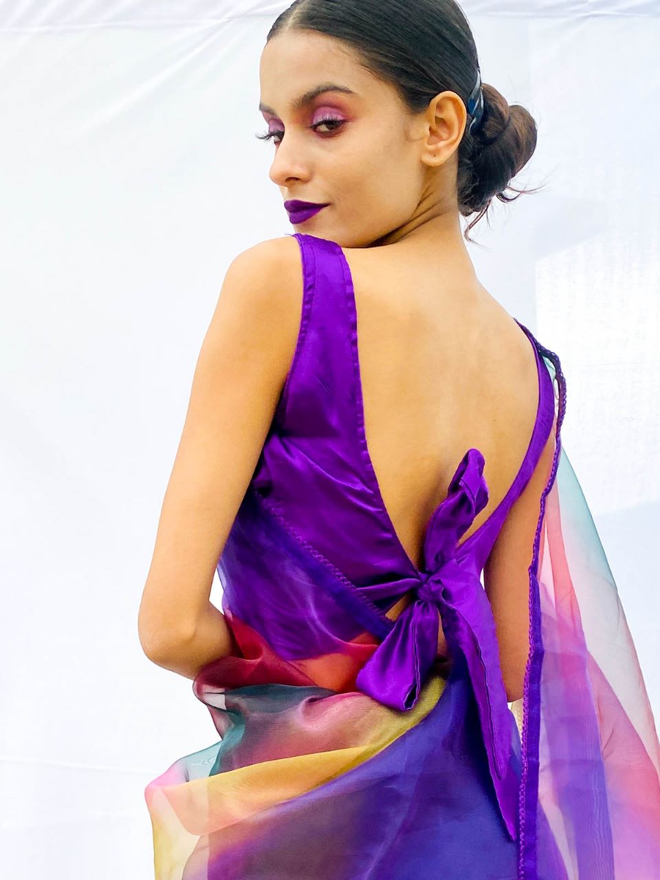 Multicolor Organza Saree With Stitched Blouse