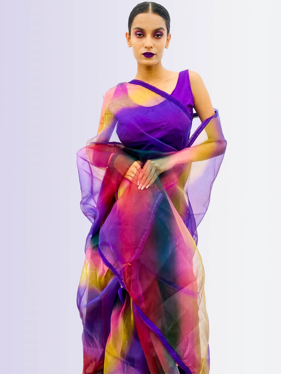 Multicolor Organza Saree With Stitched Blouse