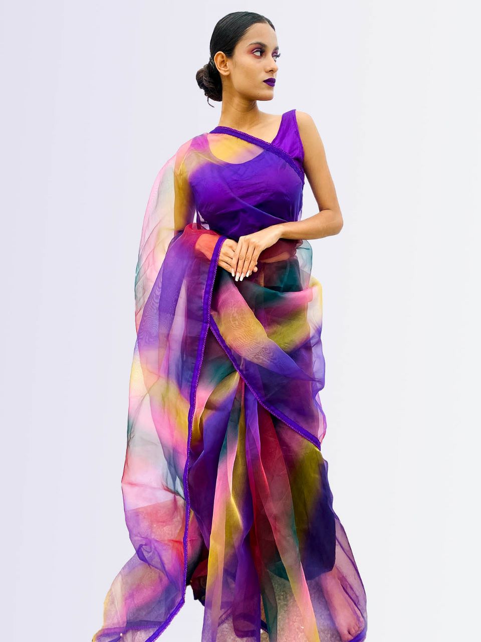 Multicolor Organza Saree With Stitched Blouse