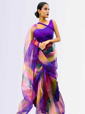Multicolor Organza Saree With Stitched Blouse