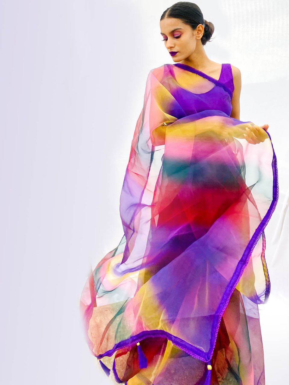 Multicolor Organza Saree With Stitched Blouse