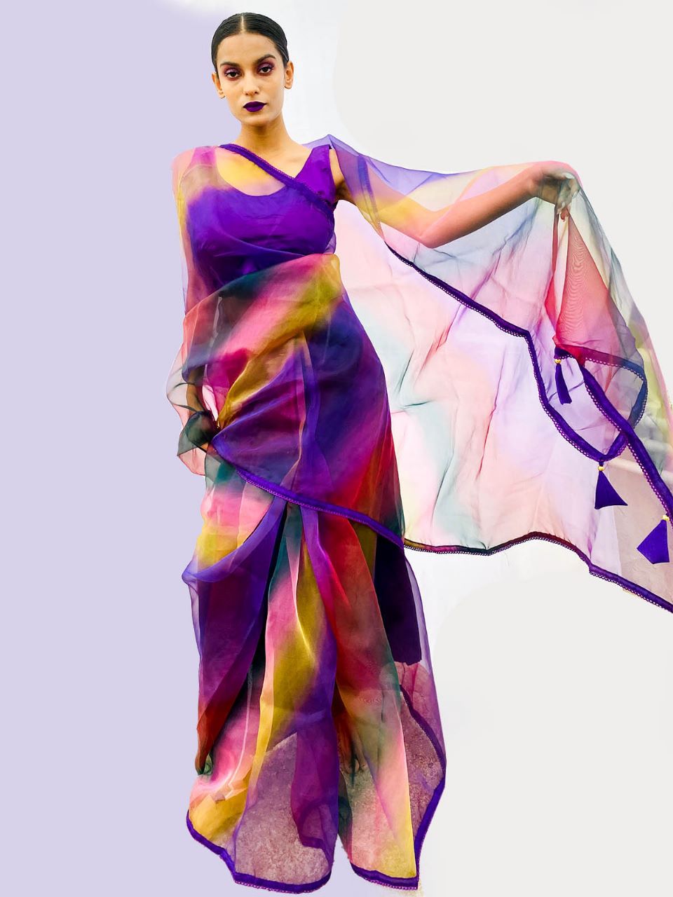 Multicolor Organza Saree With Stitched Blouse