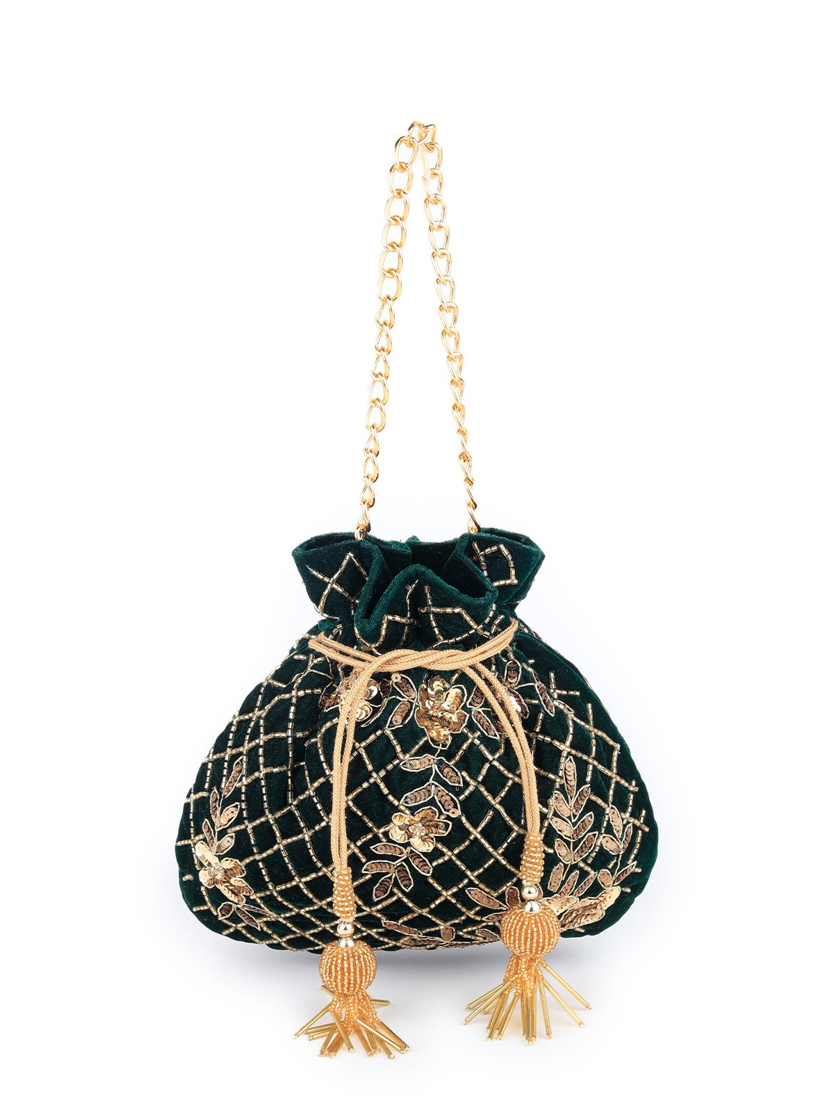 Dark Green Velvet Potli Bag With Golden Embroidery