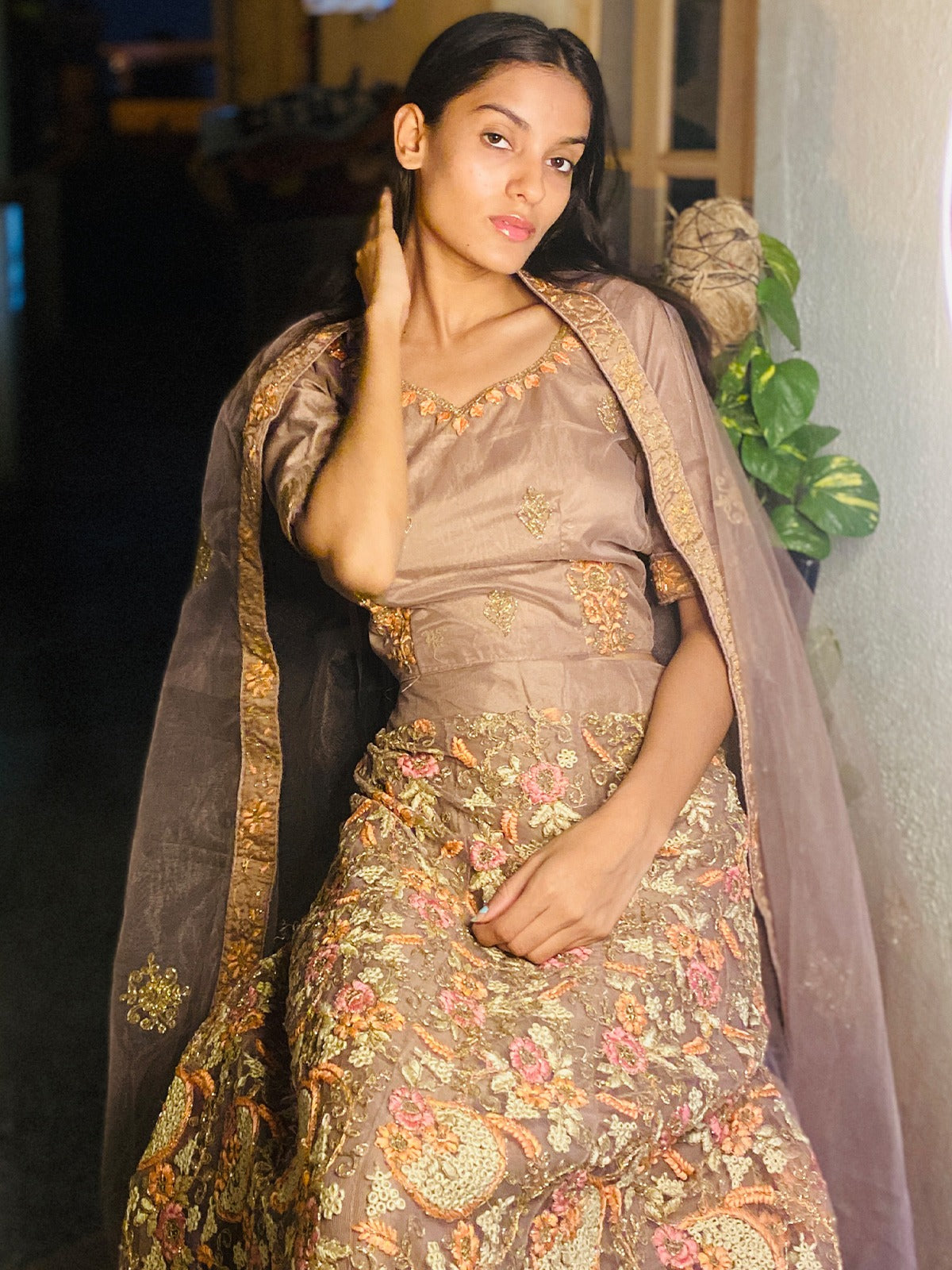 Brown Silk Blend Embroidered Stitched Lehenga Choli
