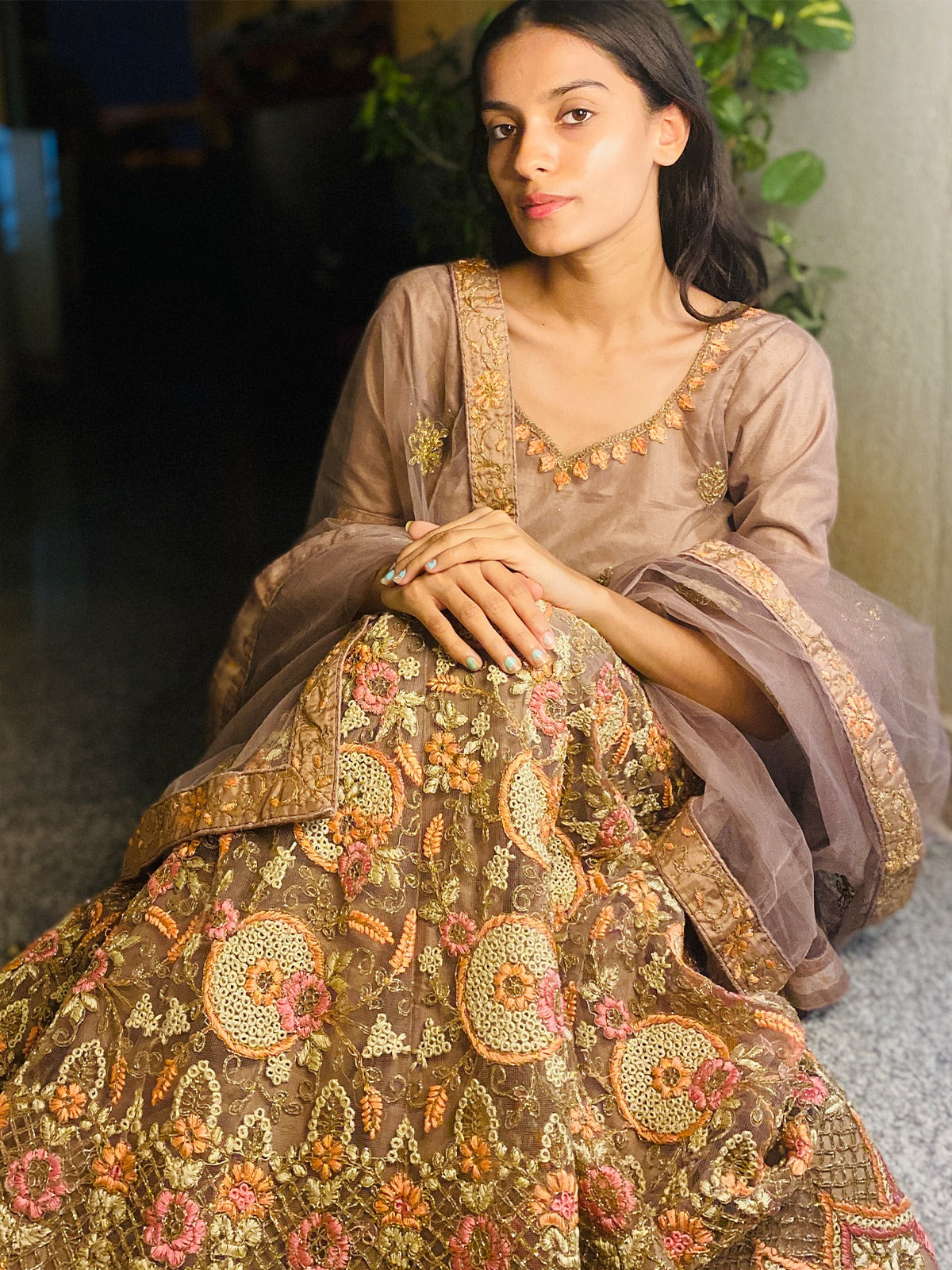 Brown Silk Blend Embroidered Stitched Lehenga Choli