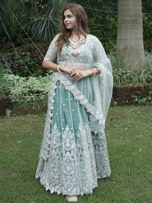 Rajwada Women Green Net Semi Stitched Lehenga With Unstitched Blouse
