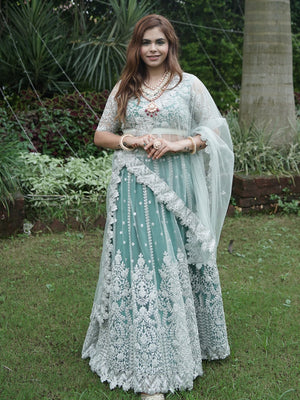 Rajwada Women Green Net Semi Stitched Lehenga With Unstitched Blouse