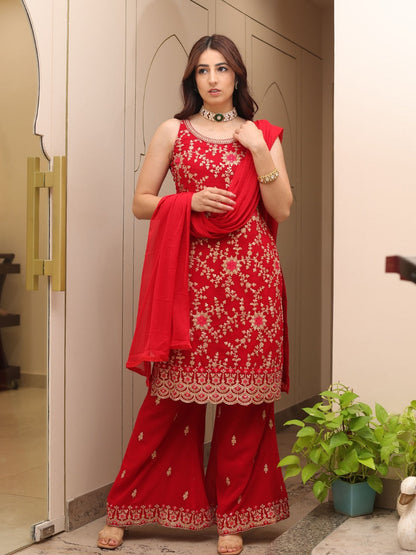 Rajwada Women Red Faux Georgette Embroidered Semi Stitched Palazzo Suit