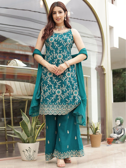 Rajwada Women Teal Faux Georgette Embroidered Semi Stitched Palazzo Suit