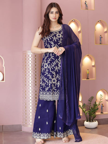 Rajwada Women Blue Faux Georgette Embroidered Semi Stitched Palazzo Suit