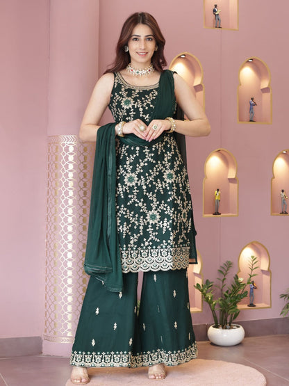 Rajwada Women Green Faux Georgette Embroidered Semi Stitched Palazzo Suit