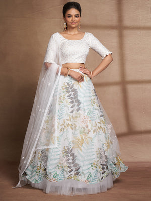 White Net Printed Semi Stitched Lehenga Choli
